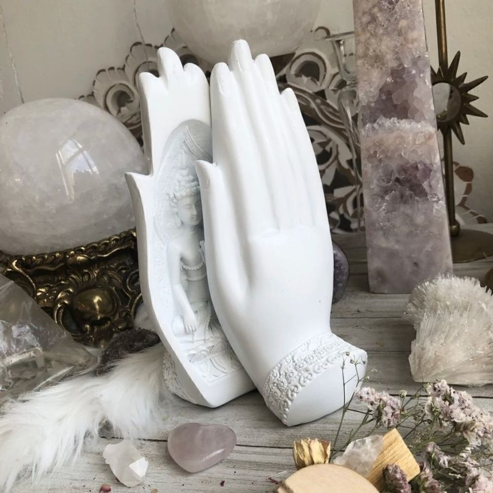 ONE LEFT / Poly-Resin Hand Statue White Boho Hindu Witchy Desk Shelf Decor - Picture 3 of 3